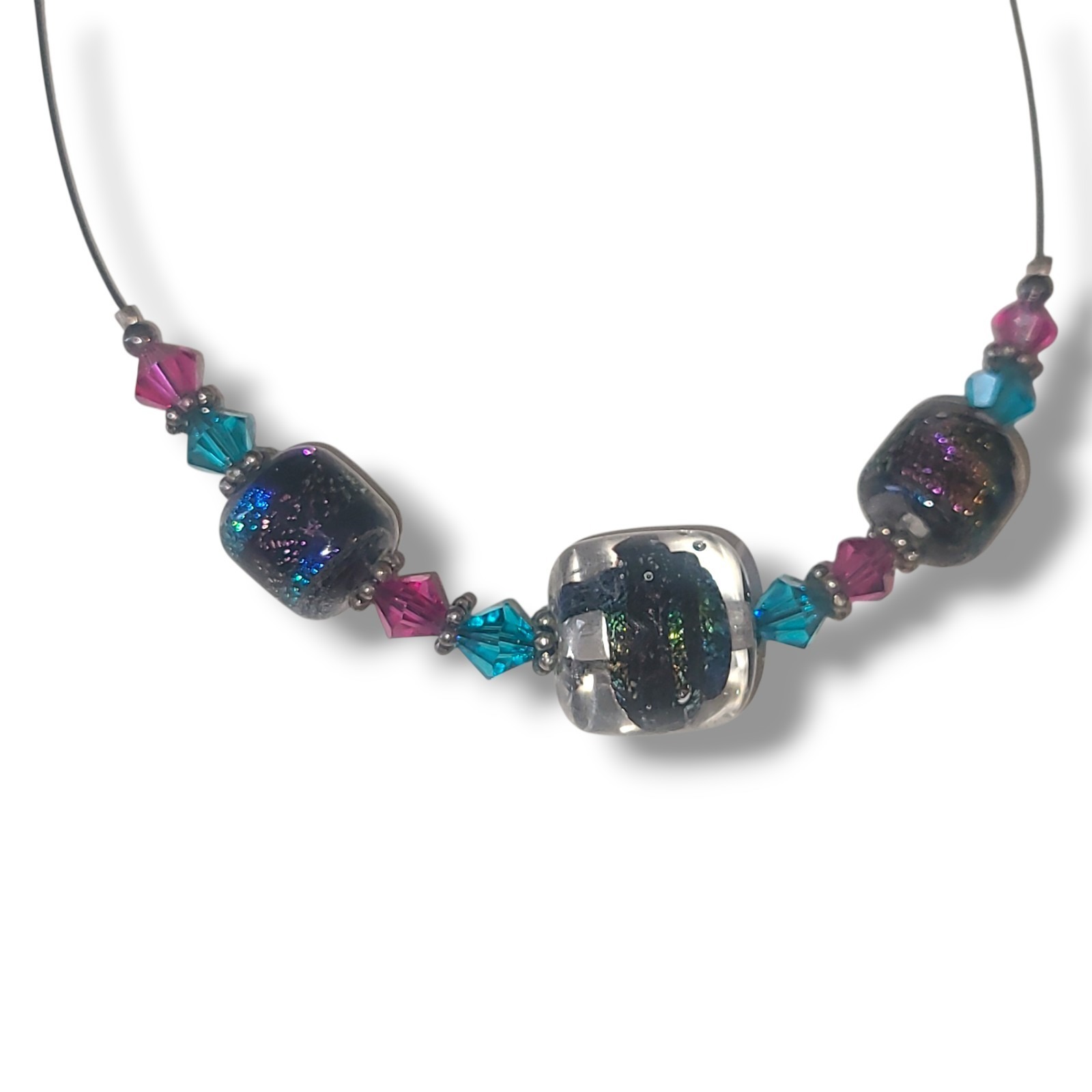 Art Glass Dichroic Bead Necklace Pink Teal Crystal Accent Wire Choker 18